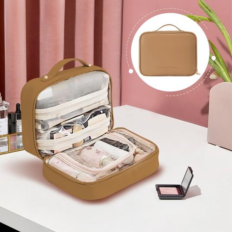Doblopup Multi Compartment Toiletry Cosmetic Bag, PU Large makeup bag with compartments, Set Patient Multi Compartment Toiletry Cosmetic Bag For Women Girls Travel makeup bag with compartments (brown)