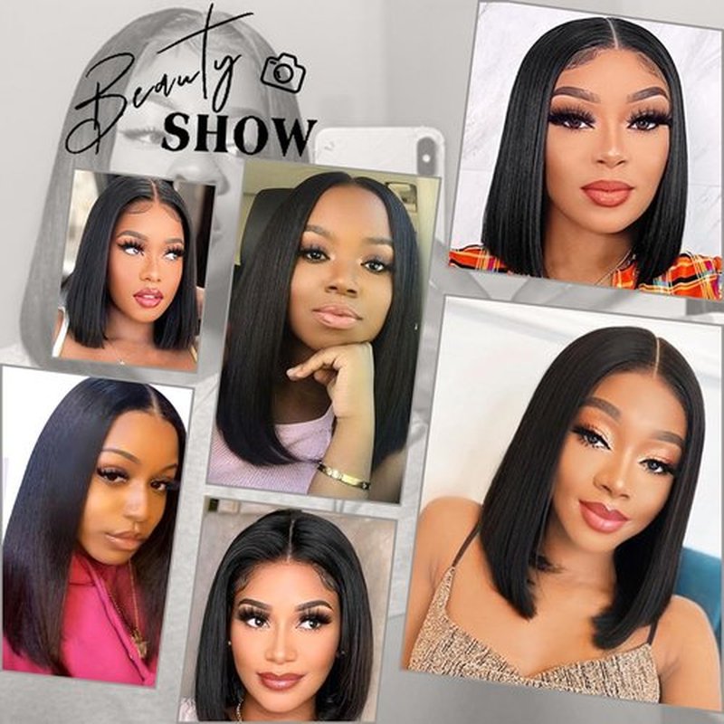 meiliprotea Black Bob Wig Middle Part Glueless Synthetic Lace Front Wig 15 Inch Shoulder Length Short Straight Bob Wigs No Bangs for White and Black Women Daily Party Use (1B)