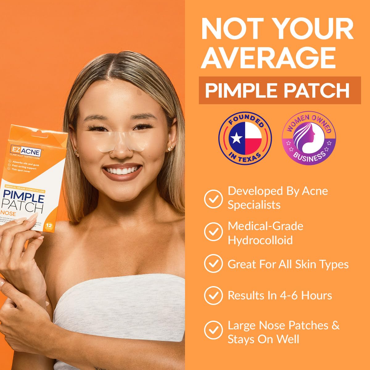 EZACNE™ Pimple Patches for Nose – Hydrocolloid Nose Pimple Patches for Zits, Blemishes & Excess Oil – Overnight Pore & Whitehead Nose Strips (12 Count)