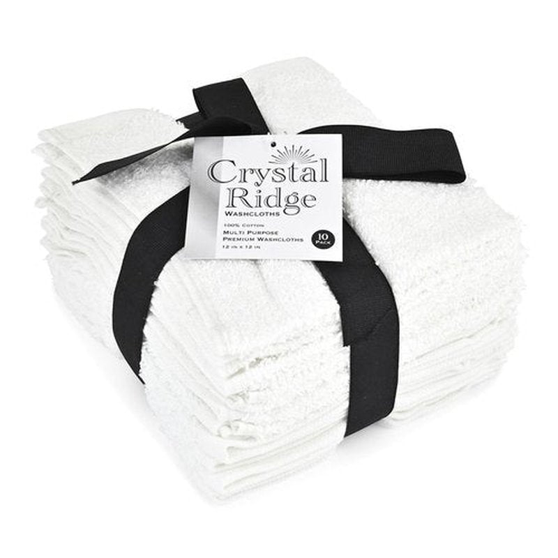 Crystal Ridge 100% Cotton Premium Wash Cloths, 12"x12", 10 Pack, Soft Feel, Absorbent Multipurpose Towels for Bathroom, Kitchen and Gym. Face & Body Washcloths, Bar Towels (10, White)