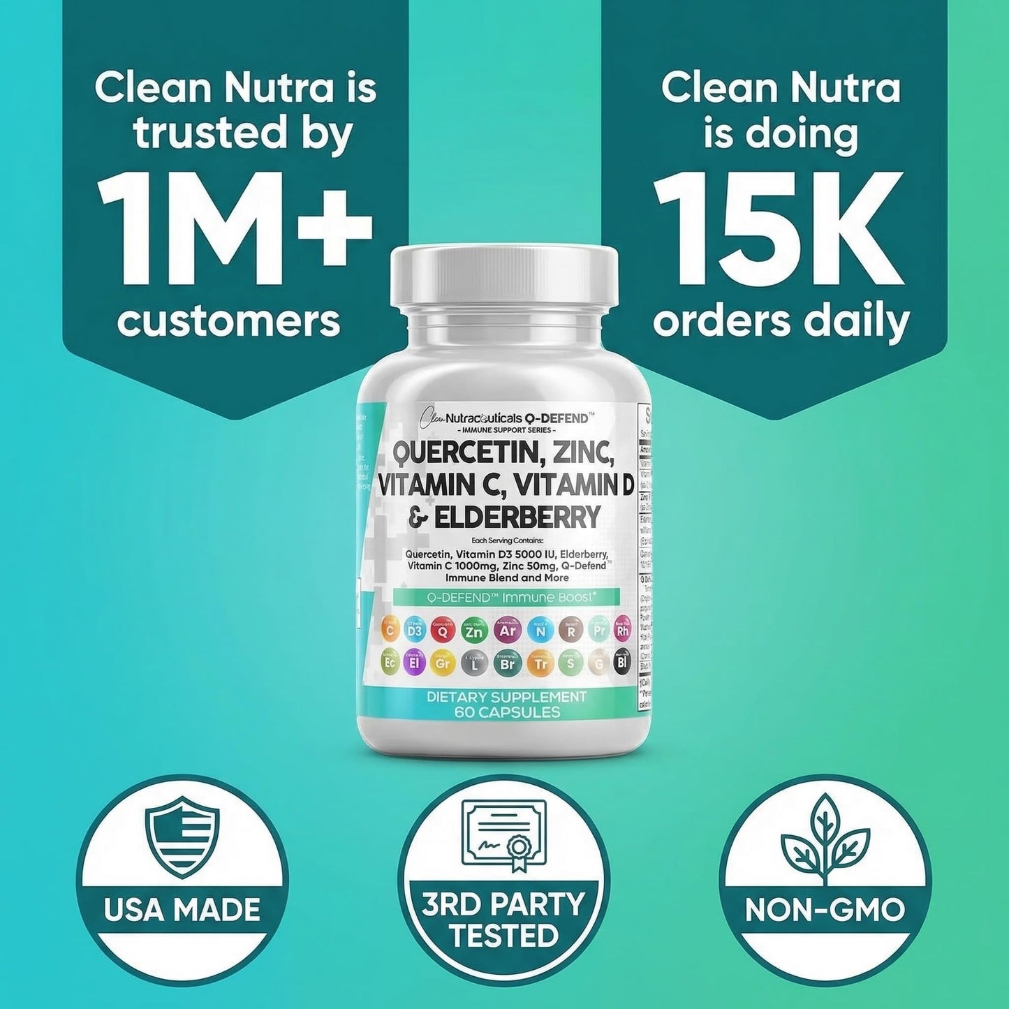 Q Defend Quercetin Supplement with Zinc Vitamin C Vitamin D Elderberry Turmeric Black Pepper Garlic Ginger Sea Moss Lysine Stinging Nettle Reishi Mushroom Immune Support 60 Capsules by Clean Nutra