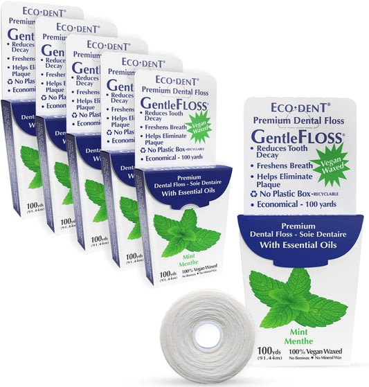 Eco-Dent GentleFloss Dental Floss, Waxed, Mint - Floss with Vegan Plant-Based Wax, Recyclable Cardboard Packaging, 100 Yds Ea (Pack of 6)