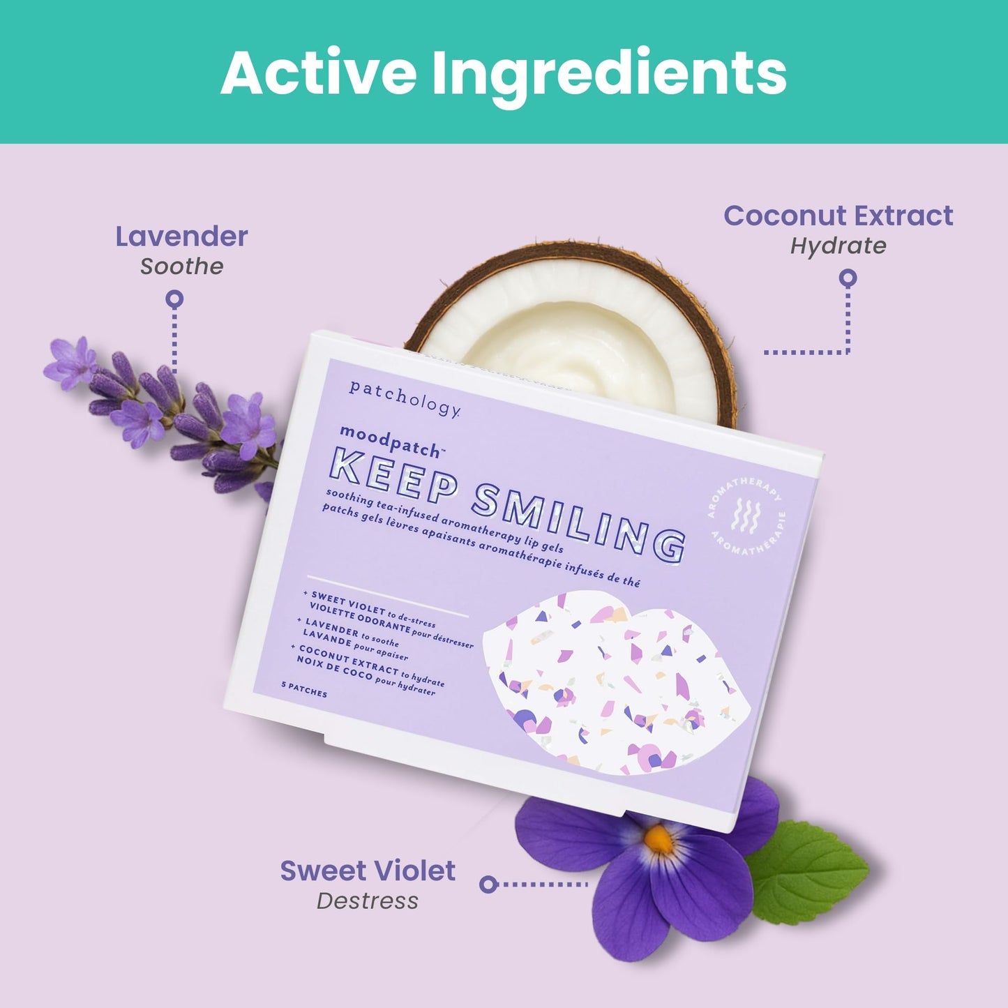 Patchology Moodpatch Keep Smiling Lip Mask - Hydrating gels with Sweet Violet, Lavender Petal & Coconut Extract for Soothing Aromatherapy - Moisturizing, Lip Primer - Ideal Bridesmaid Gifts - 5 Count
