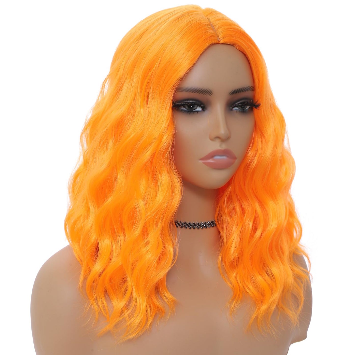 BEAUTIFA Orange Wig for Women, Wavy Curly Orange Bob Wigs Middle Part 14 Inch Shoulder Length Heat Resistant Synthetic Colorful Wig