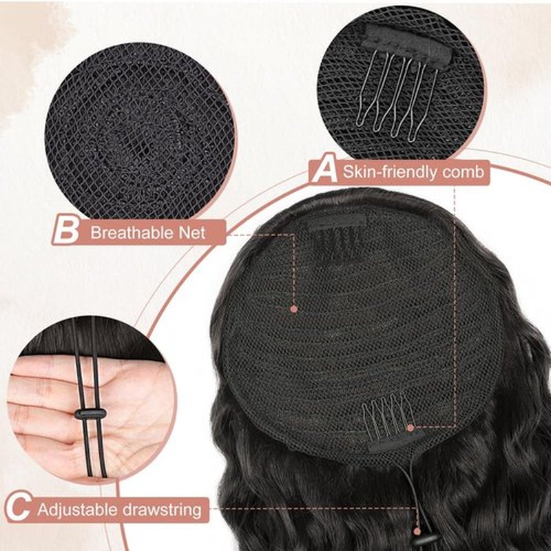 ALXNAN Wavy Curly Ponytail Extension, Long Soft 18" Black Brown Drawstring Ponytai for Black Women Natural Synthetic Hairpiece Thick For Daily Use