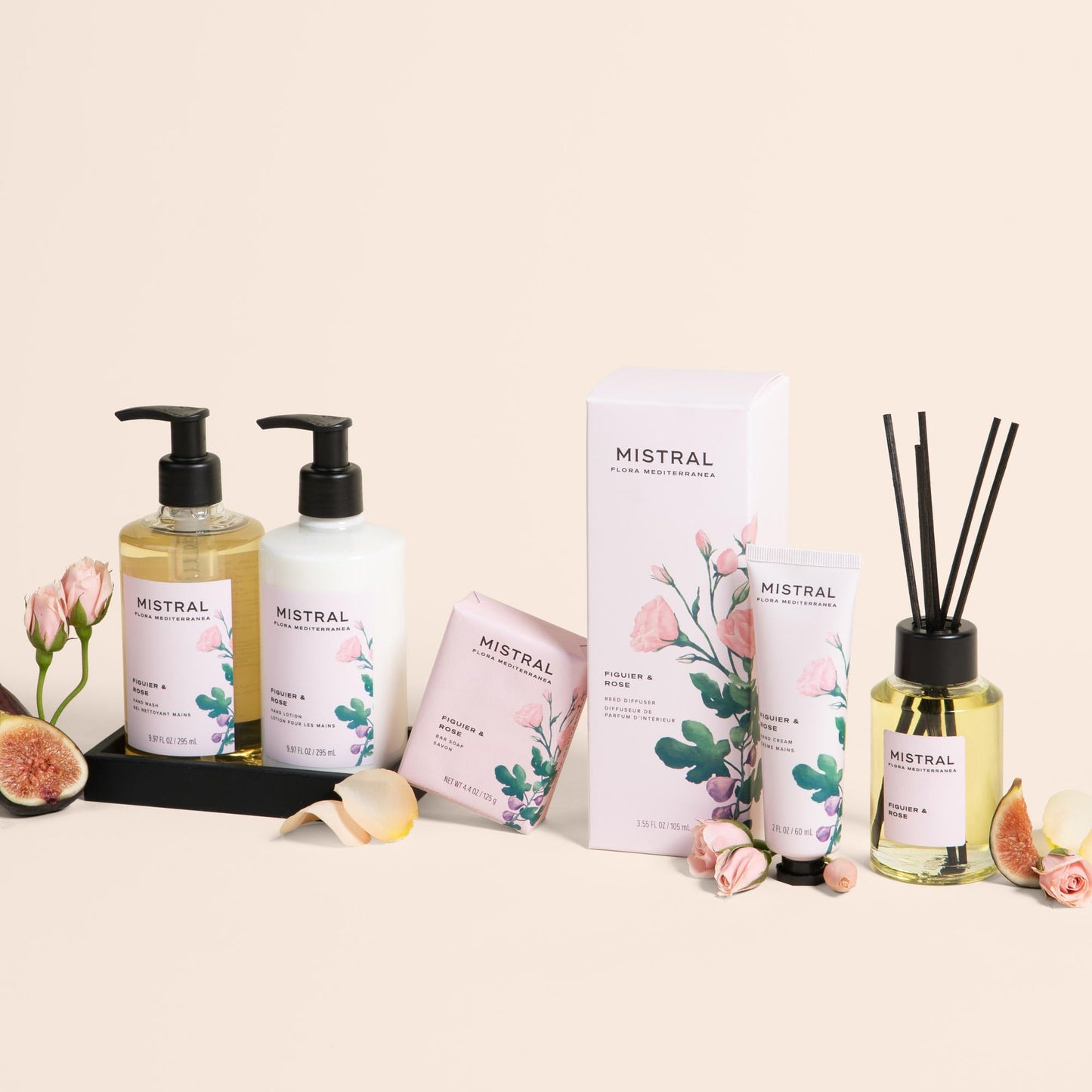 Mistral Figuier & Rose Luxury Hand Soap and Lotion Set (2 × 9.97 fl oz) | Hand Wash & Lotion Hand Care Duo with Silicone Dish, Rose Flower Extract & Olive Oil, Gift for Bathroom or Powder Room