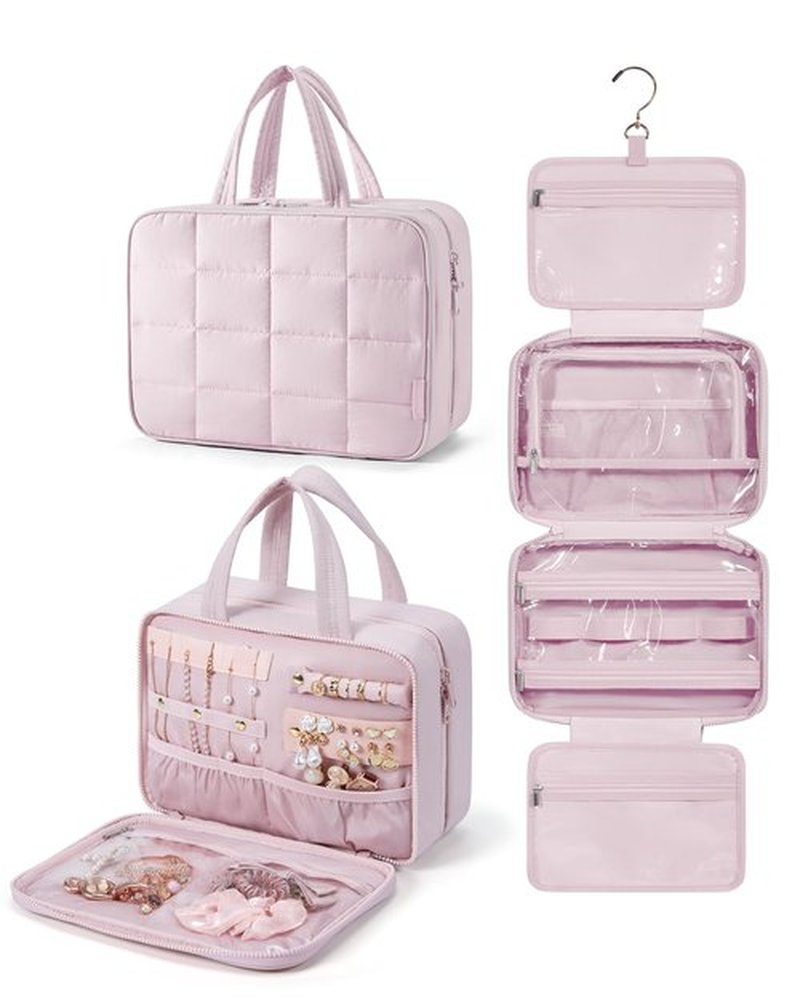 BAGSMART Travel Toiletry Bag with Jewelry Organizer, Hanging Travel Bag for Toiletries, Puffy Makeup Cosmetic Bag Organizer, Carry-on Travel Accessories Essentials, Pink-M