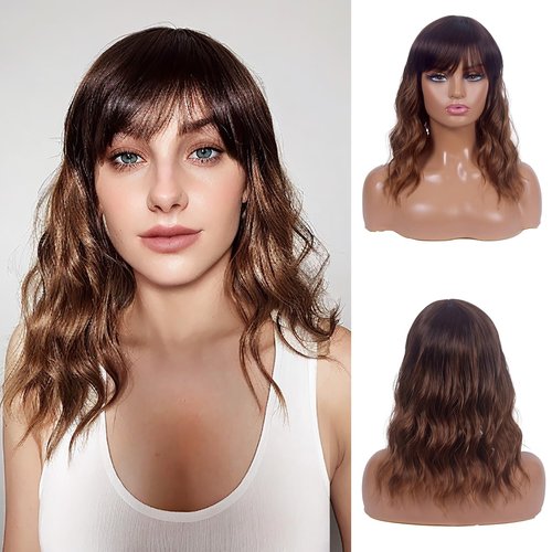 LINGDORA Brown Wigs for Women Short Wig with Bangs Natural Looking Curly Hair Wigs Synthetic Heat Resistant Fiber Ombre Wigs for Daily Party Use (Ombre Brown)