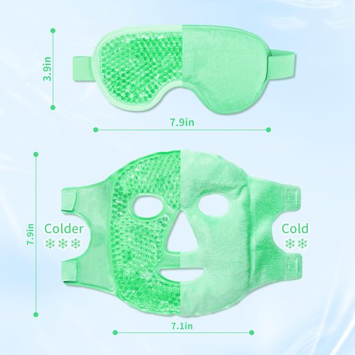 Cooling Eye Mask and Ice Face Mask Set for Reducing Puffiness, Bags Under the Eyes, Sinus, Redness, Pain Relief, Dark Circles, Migraine, and Hot Cold Use Reusable with Super Soft Lining (Green Set)