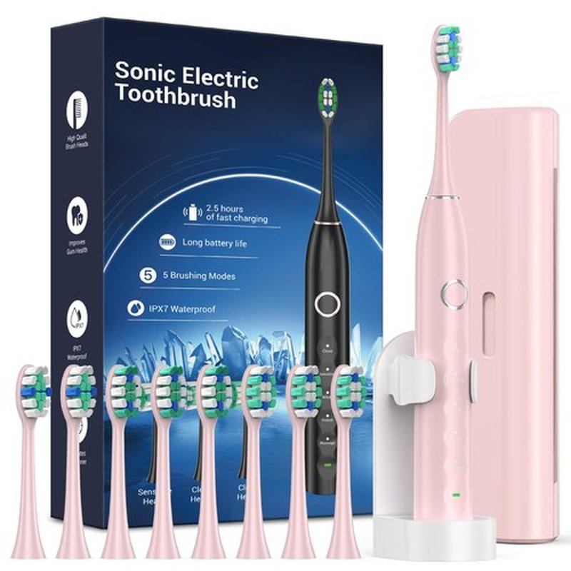 Rtauys S5 Upgraded Sonic Electric Toothbrush for Adults with 8 Brush Heads, IPX7 Travel Electric Toothbrush with Travel Case, 2.5 Hours Charge for 120 Days, 5 Modes with Built-in Smart Timer Pink