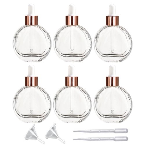 PYAWI 6Pcs, 2 oz Glass Dropper Bottles for Essential Oils ，60ml flat round perfume bottle with Eye Droppers， for Essential Oils, Perfumes, Serums - Leakproof for Travel (A- Clear/Rose Gold)