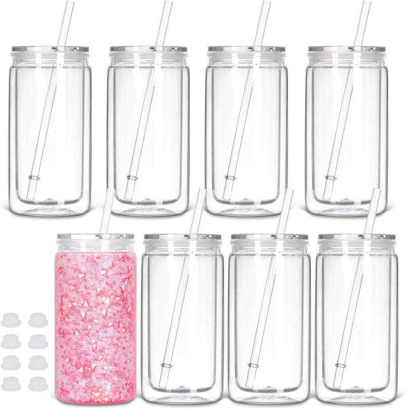 Snow Globe Tumbler - 16 Oz Double Wall Plastic Can with Lid & Straw | 8 Pack for DIY Glitter Gifts