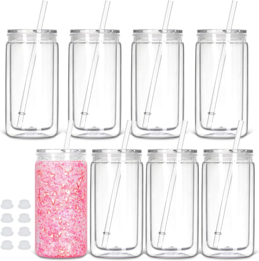 Snow Globe Tumbler - 16 Oz Double Wall Plastic Can with Lid & Straw | 8 Pack for DIY Glitter Gifts