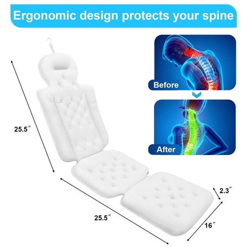 Full Body Bath Pillow for Bathtub, Bath Pillows for Tub with Powerful Non-Slip Suction Cups and Mesh Laundry Bag, Luxury Tub Pillow for Bath for Headrest Neck and Back Support White