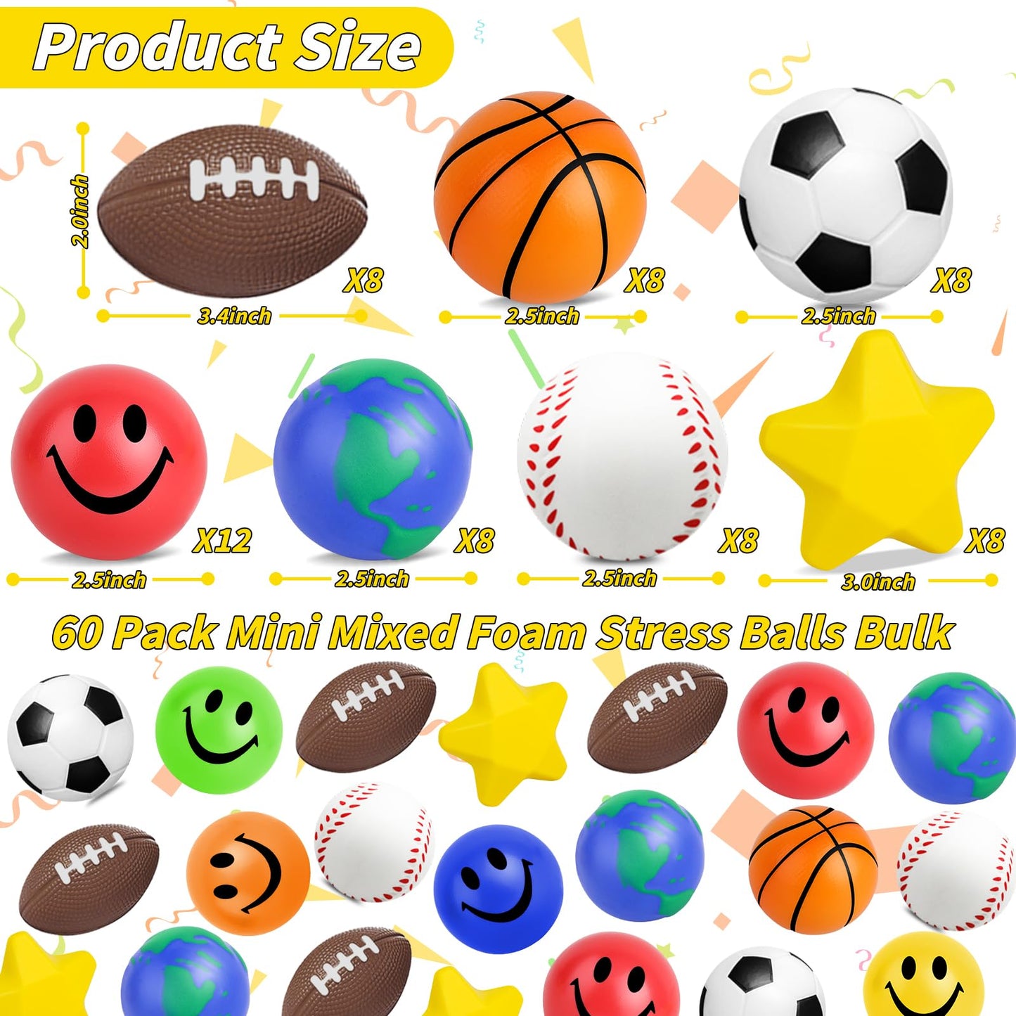 60 Pcs Sports Balls Bulk Kids Small Mini Stress Ball for Party Favor Toy, Including Basketball, Baseball, Football, Globe, Soccer, Star, Smile for Stress Relief School Prizes Carnival Fillers Gift