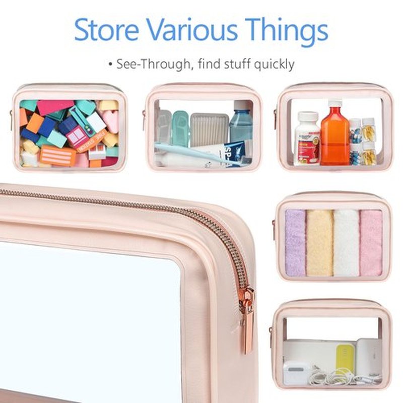 PACKISM TSA Approved Toiletry Bag - 3 Pack Upgrade Color-Edged Clear Makeup Bag, Clear Toiletry Bag For Traveling Fits Various Storage Needs, Pink