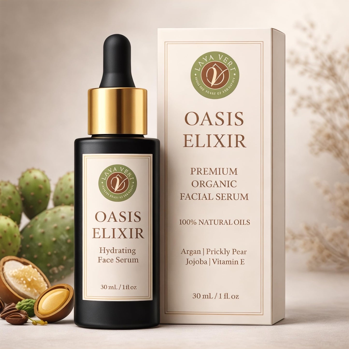 LAYA VERT Oasis Elixir Face Oil Serum, Deep Hydration and Radiant Glow, Fast Absorbing, Non Greasy, Helps Reduce the Look of Fine Lines, Argan and Prickly Pear, Jojoba, Vitamin E, 1 fl oz (30 mL)