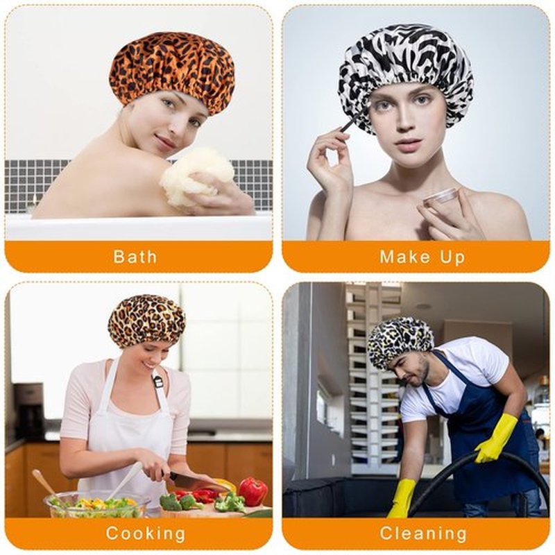 AmazerBath Shower Cap for Women, 4 Pieces Waterproof Shower Caps, Fashionable Reusable Bath Caps, EVA Hair Cap for Double Waterproof Layers Elastic Bathing Hat for Ladies Spa Salon, Medium Size