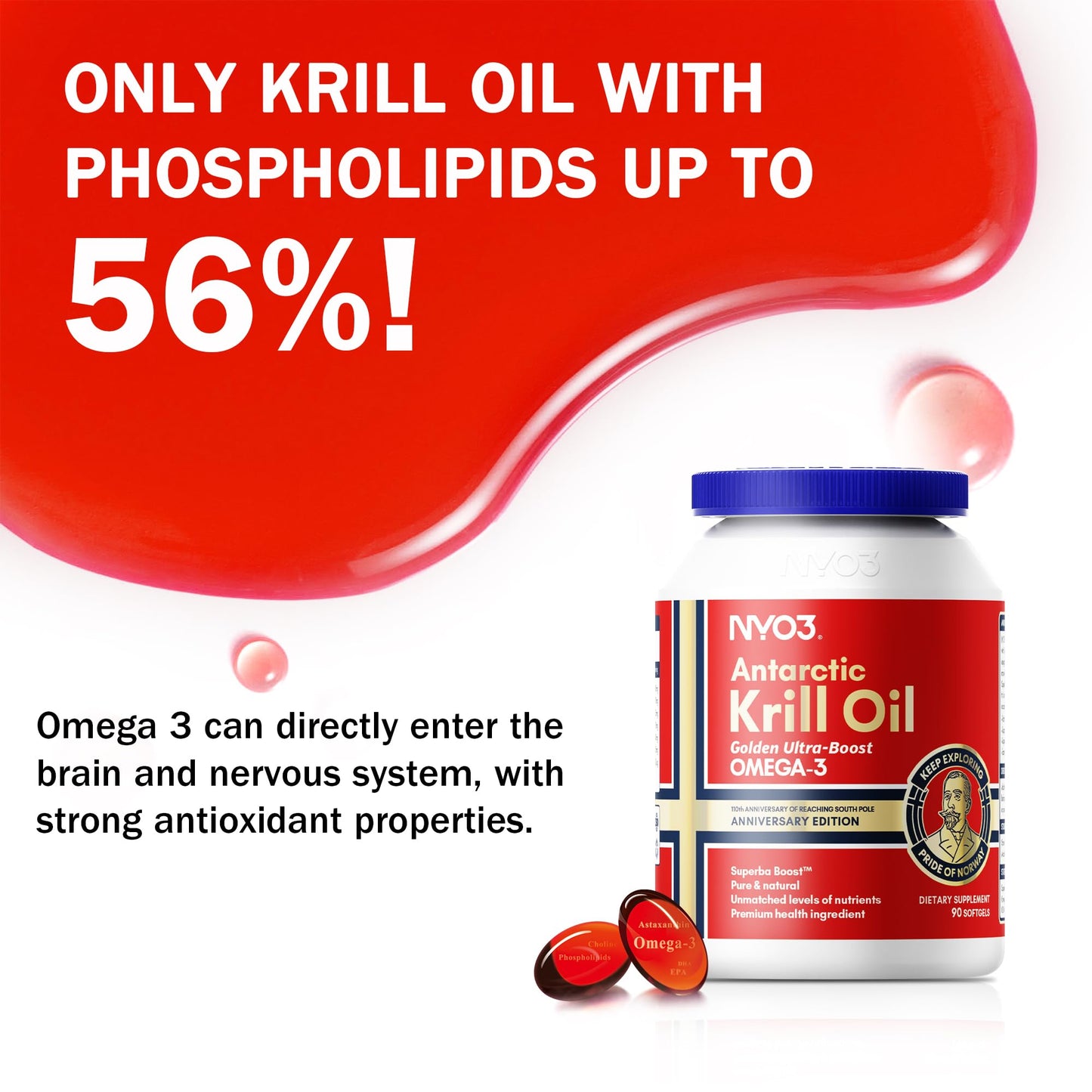 NYO3 1500mg Krill Oil Omega 3 Supplement, Senior's Top Choice, High Content EPA DHA & High Absorption Pure Antarctic Krill Oil with Astaxanthin and 56% Phospholipids, Laboratory Tested,90 Softgels