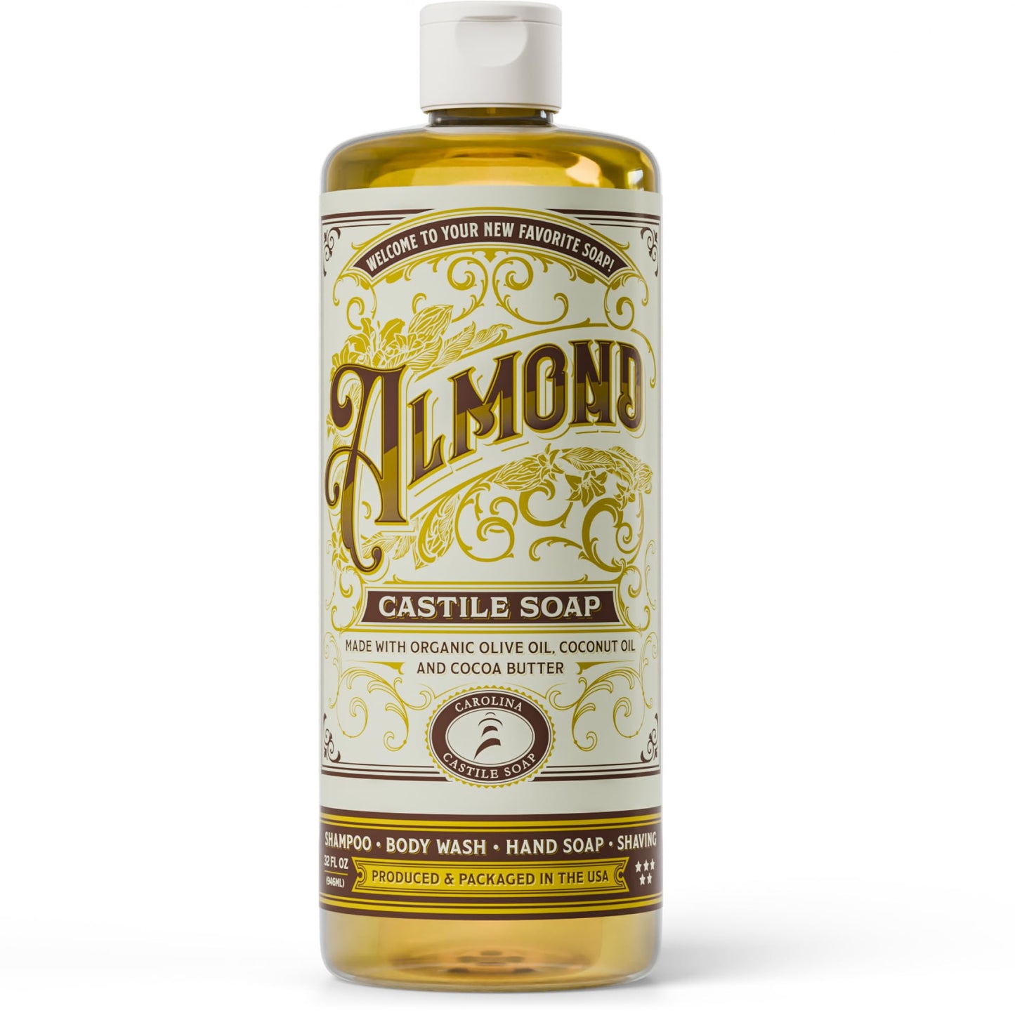 Carolina Castile Soap Almond Scent – Certified Organic Base, High Olive Oil Content, Non-Drying, Made with Organic Oils, Concentrated Natural Body Wash for Men and Women (Almond, 1 Gallon)