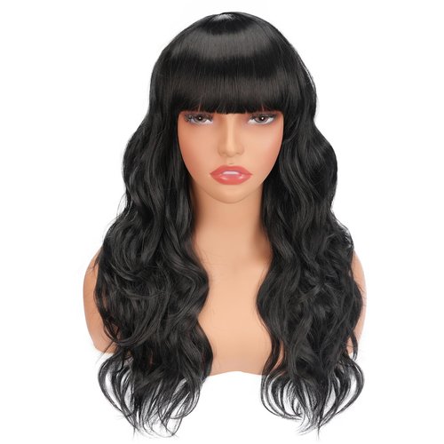 BESSY HAIR Long Black Wig With Bangs Curly Wavy Wigs for Women Natural Looking Synthetic Wig Daily Party Cosplay Use