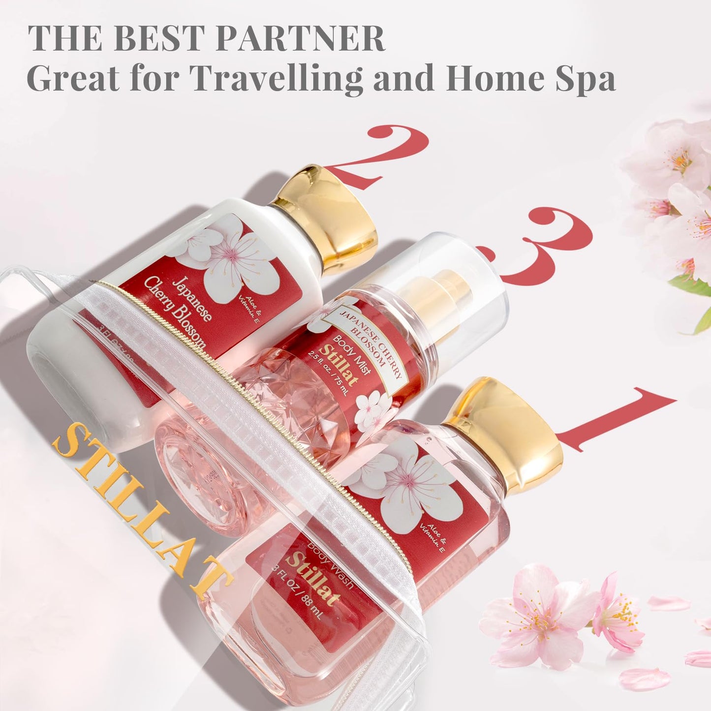 Bath and Body Care Gift Sets, Cherry Blossom Spa Shower Travel Set for Teenager and Her, Including Body Wash, Body Lotion and Fragrance Body Mist, for Birthday Anniversary Wedding Christmas New Year