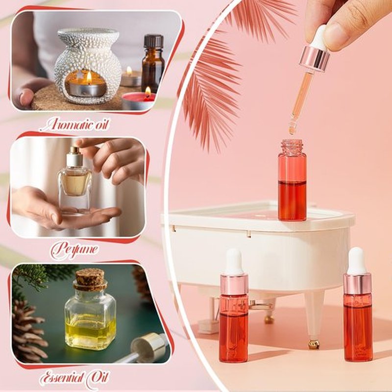 Didaey 100 Pcs Mini Glass Dropper Bottle Bulk Clear Essential Oil Dropper Bottles Small Tincture Bottles with Dropper Sample Containers Perfume Liquid Vials with Cap for Traveling(5 ml,Pink Body)