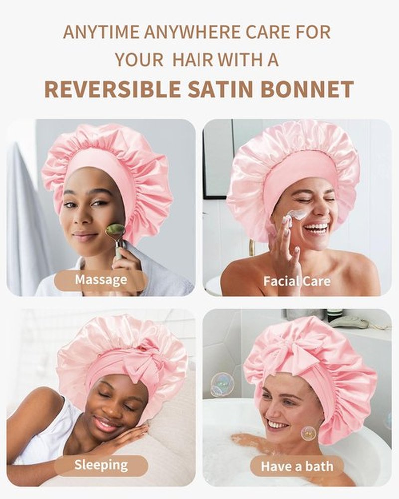 Satin Bonnet for Women Silk Bonnets for Sleeping Curly Hair Bonnet with Elastic Tie Band Reversible Double Layer Sleep Cap Hair Wrap (Pink)