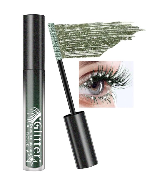 Green Glitter Mascara, Sparkle Diamond Colored Mascara, Multi-Use Shimmer Waterproof Mascara, Define Long Lasting Curling Eyelashes, Voluminous Lengthening Mascara Makeup for Women Party Festival-05