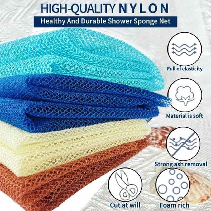 SPMKTBOZAI African Exfoliating Net, 4 Pieces African Net Sponge, Nylon African Bath Sponge Net, African Net Long Net Bath Sponge Shower Body Scrubber(Light Blue,Blue,White,Brown)