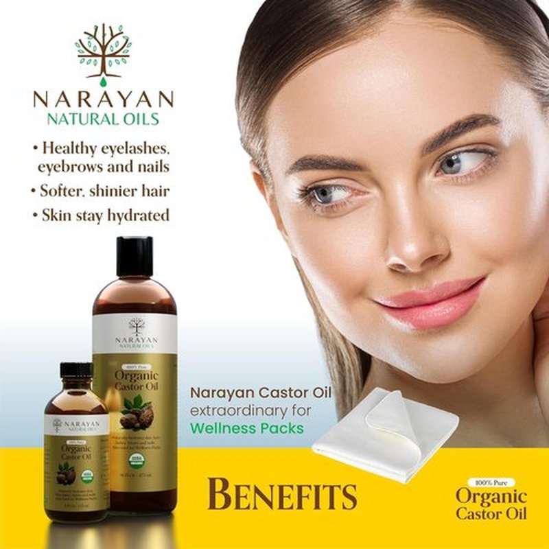 Narayan Organic Castor Oil (16 Fl Oz Glass bottle) — USDA Certified Natural Hexane & Cruelty Free Cold Pressed — For Hair Growth, Eyelashes, Eyebrows & Skin — Extraordinary for Wellness Packs