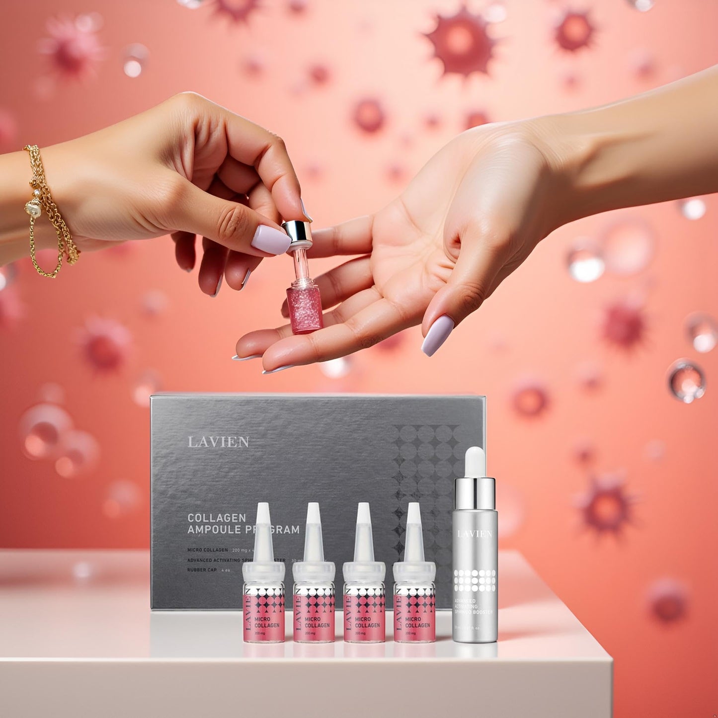 Lavien Collagen Ampoule Professional Program - Activating Booster, Ceramide, Elastin, Hyaluronic Acid, All Skin Types - 30ml Booster Bottle, 4-200mg Collagen with Dropper