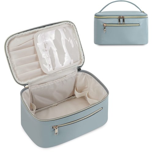 Wandering Nature Makeup Bag, Travel Make Up Organizer Cosmetic Brush Bags Case for Women in Vegan Leather, Grayish Blue(Patent Pending)
