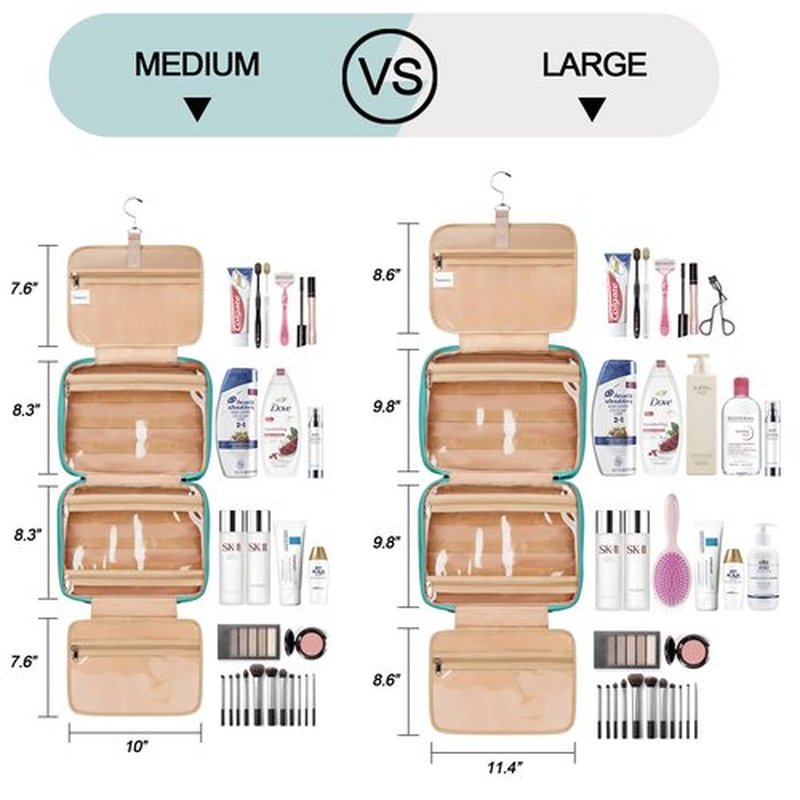 Travel Hanging Toiletry Bag for Women, Large Makeup Bag 8 Leak Proofing Silicone Bottle Covers, Waterproof Cosmetic Bag with Jewelry Organizer Compartment, Toiletries Kit Set, Blue