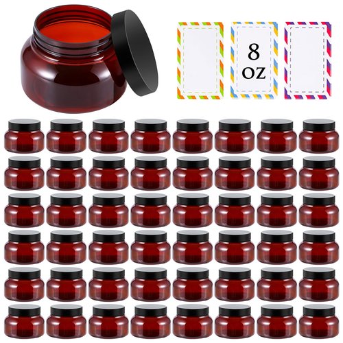 48 Pack 8 Oz Plastic Containers With Lids and Waterproof Label BPA Free - Refillable Transparent Cosmetic Containers for Body Butter,Sugar Scrubs,Cream,Lotions,Candy,Bath Salt (48, Brown)