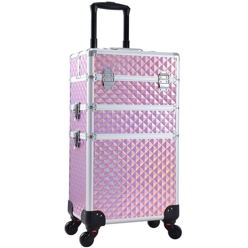 Adazzo 3 in 1 Professional Rolling Makeup Train Case Aluminum Trolley Case with 360° Rotation Wheels for Makuep Artist Cosmetic Suitcase Organizer with Lock and Key Diamond Pattern - Pink