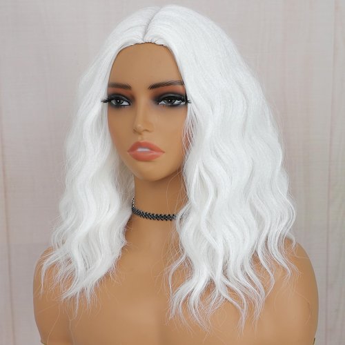 BEAUTIFA White Wig for Women, Wavy Curly White Bob Wigs Middle Part 14 Inch Shoulder Length Heat Resistant Synthetic Colorful Wig