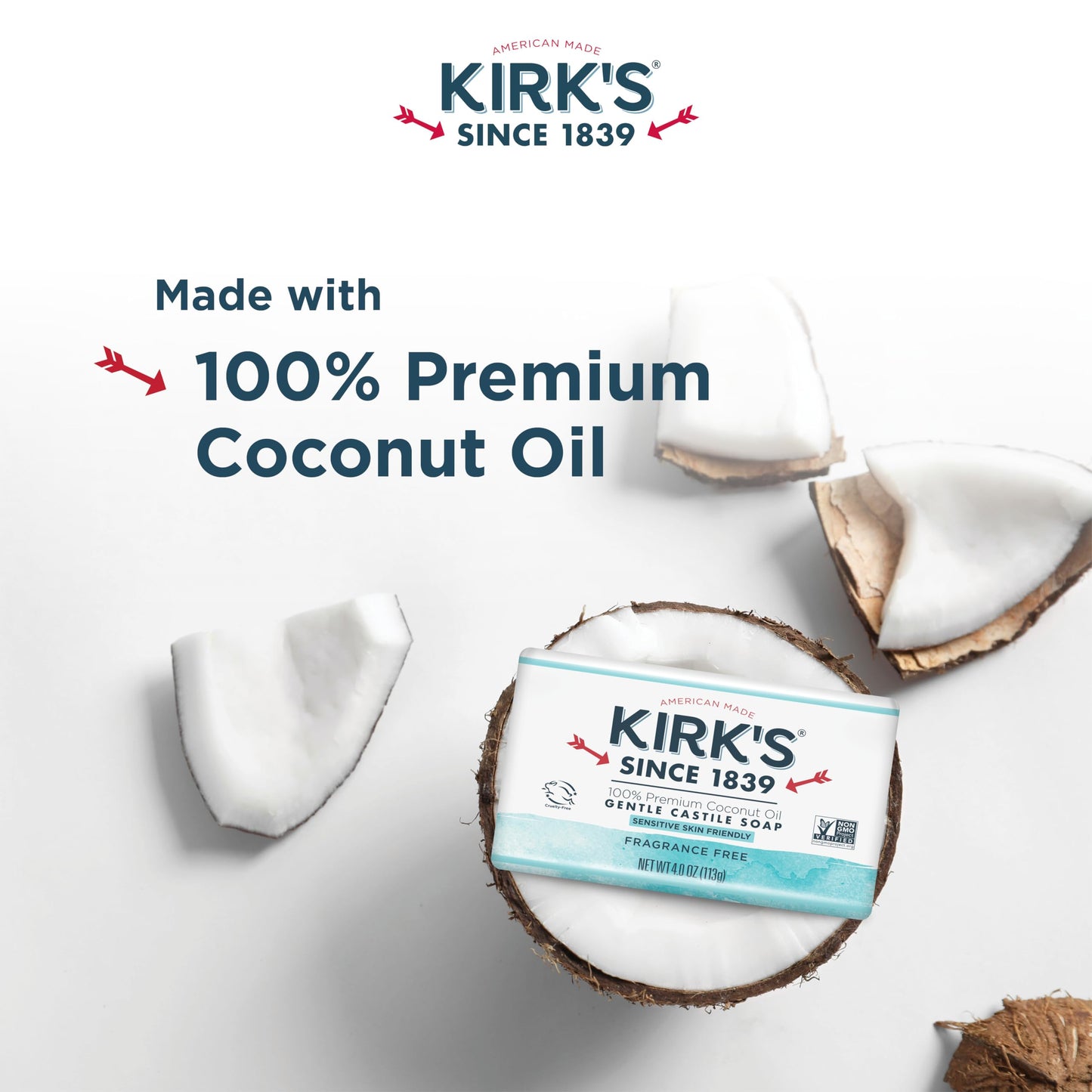 Castile Bar Soap by Kirk’s | Clean Soap for Men, Women & Children | Premium Coconut Oil | Sensitive Skin Formula, Vegan | Fragrance-Free/Unscented | 4 oz. Bars - 3 Pack