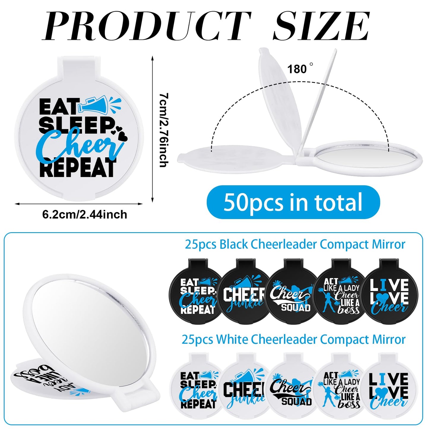 Wenqik 50 Pcs Cheerleader Mirror Gifts Cheerleading Compact Mirror Bulk Folding Pocket Mirror Cheer Party Favors for Team(Blue Cheer)