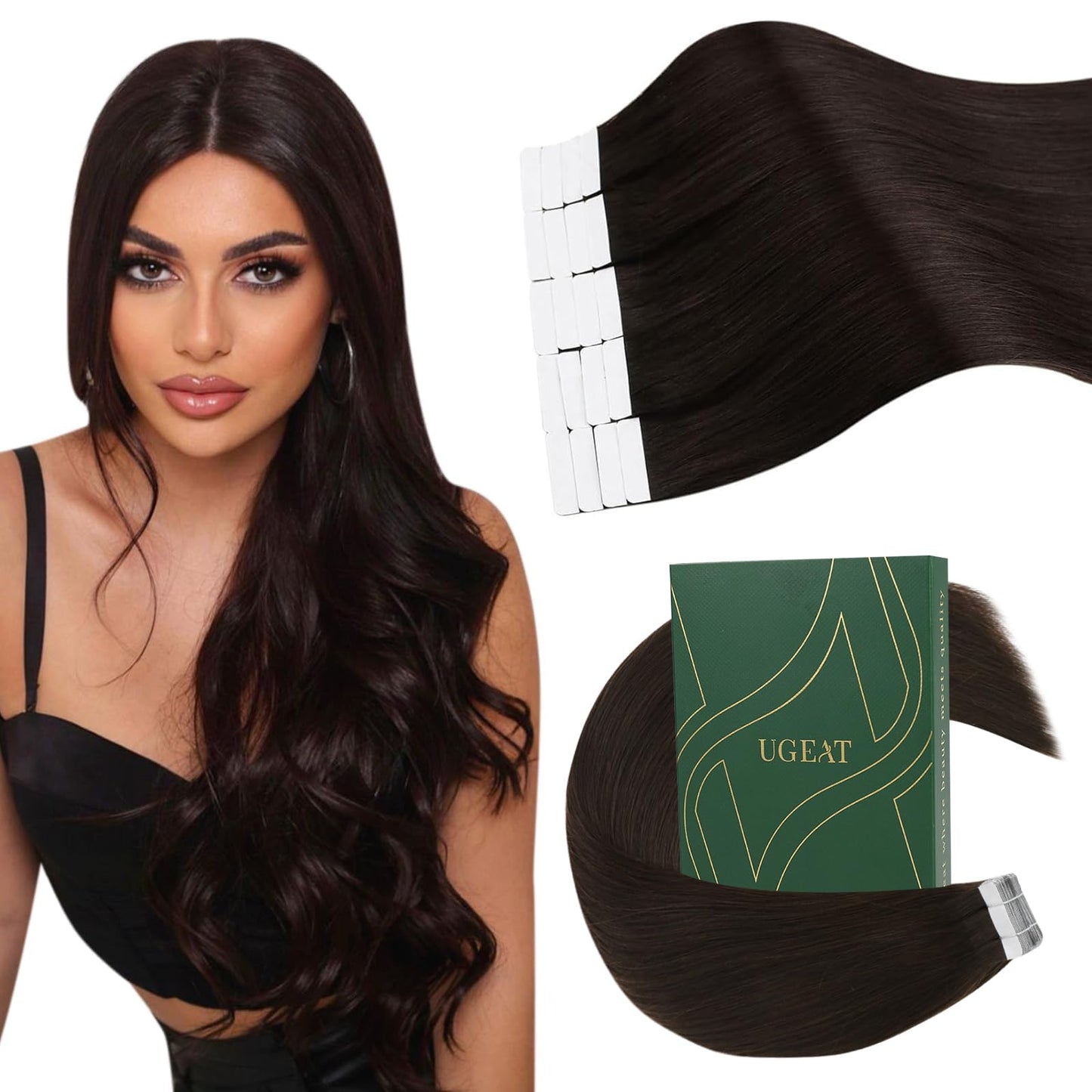 Ugeat Hair Extensions Real Human Hair Tape in Brown Remy Hair Dark Brown Tape on Real Hair Extensions Seamless Tape ins Brunette Human Hair Extensions Skin Weft for Women 14In 20pcs 40G