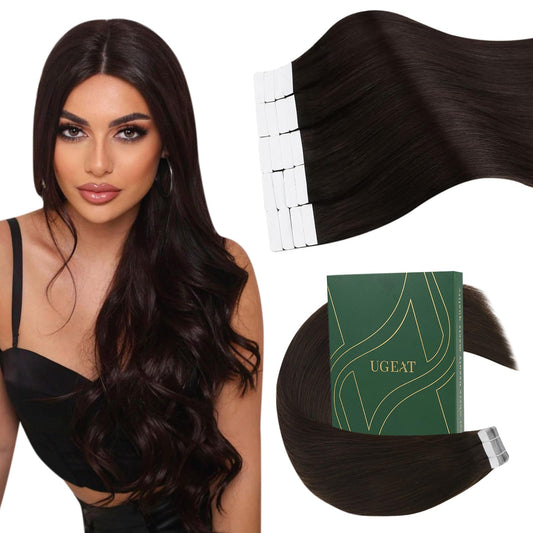 Ugeat Hair Extensions Real Human Hair Tape in Brown Remy Hair Dark Brown Tape on Real Hair Extensions Seamless Tape ins Brunette Human Hair Extensions Skin Weft for Women 14In 20pcs 40G