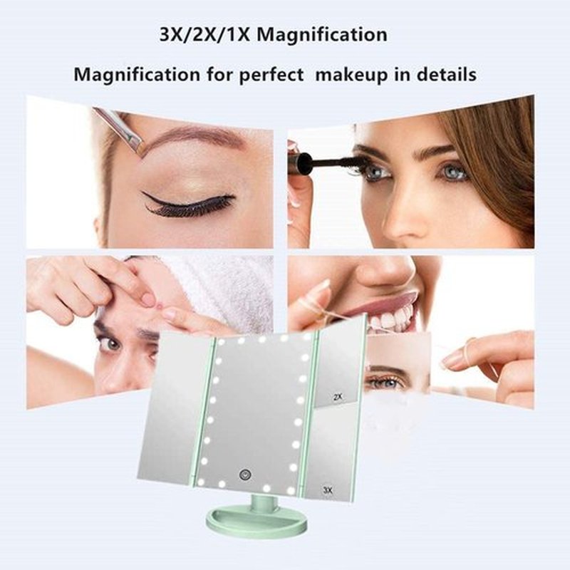 Flymiro Tri-fold Lighted Vanity Makeup Mirror with 3x/2x/1x Magnification, 21 LLED Light and Touch Screen,Dual Power Supply, Portable LED Makeup Mirror, Travel,Women Gift (Green)