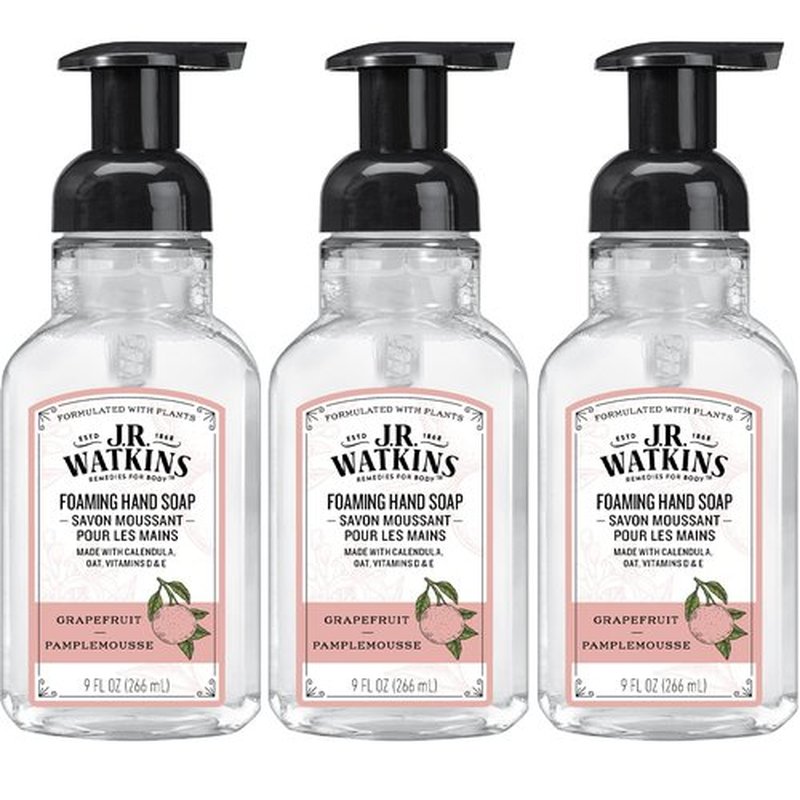 J.R. Watkins Foaming Hand Soap with Pump Dispenser, Moisturizing Foam Hand Wash, All Natural, Alcohol-Free, Cruelty-Free, USA Made, Grapefruit, 9 fl oz, 3 Pack