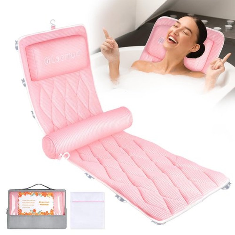 Full Body Bath Pillows for Tub-Bath Pillow Luxury Bathtub Pillow-Full Body Bath Tub Pillow for Bathtub for Head Neck and Back Support with Lumbar-Comfy Bathtub Pillow Mat for Tub -Pink