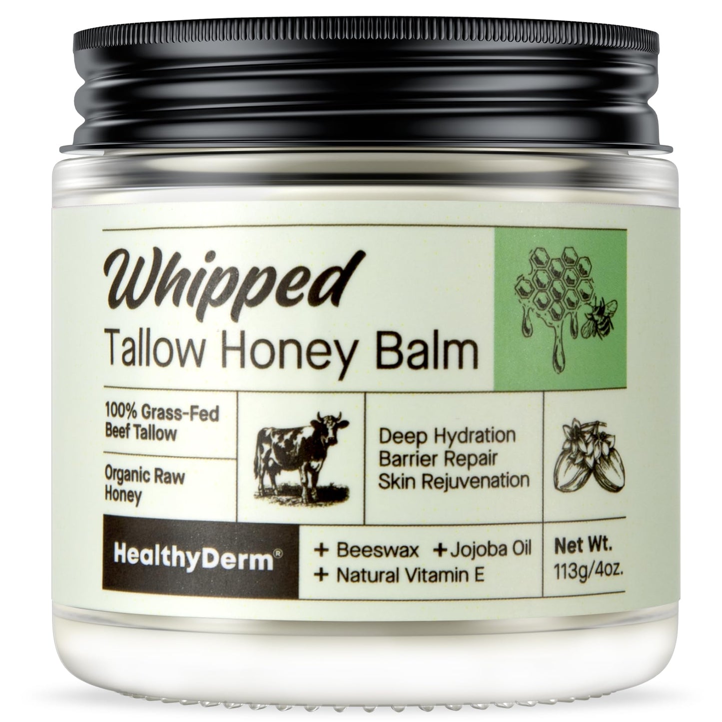 Beef Tallow Honey Balm for Skin: 100% Grass Fed Whipped Organic Moisturizer with Organic Raw Honey, Jojoba Oil, Vitamin E – Natural Face and Body Care for Mature, Dry or Sensitive Skin, 4oz