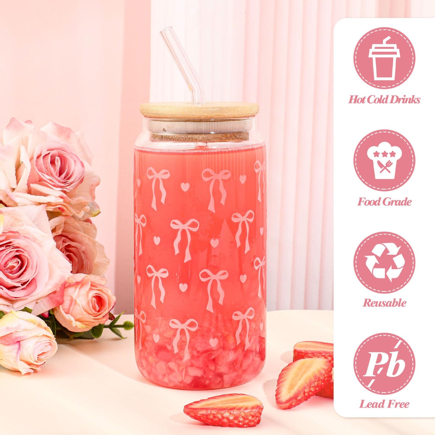 2 Pcs Cute Glass Cups with Lids and Straws, Pink School Supplies 16oz Coquette Pink Bow Iced Coffee Girly Preppy Design Tumbler Mug for Girls Women Kids Bridesmaid Birthday Wedding Bride Shower Gifts