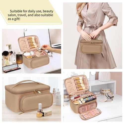 OCHEAL Makeup Bag, Multifunctional Make Up Bags Large Compact Makeup Bag Organizer Cosmetics Toiletry Brushes Storage Case for Women Girls Makeup Case with Handle Divider-Beige Apricot