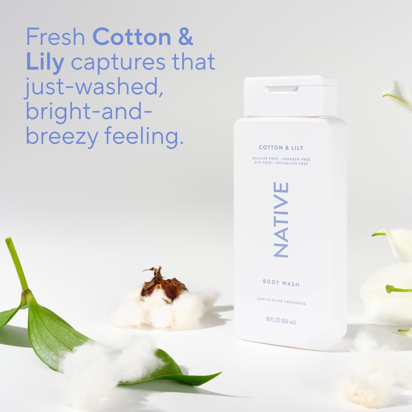 Native Cotton & Lily Scent 24-Hr Refreshing Clean Body Wash for Women & Men, for All Skin Types Incl. Sensitive, Leaves Skin Feeling Clean & Soft, Free of Phthalates, Sulfates & Parabens, 18 oz