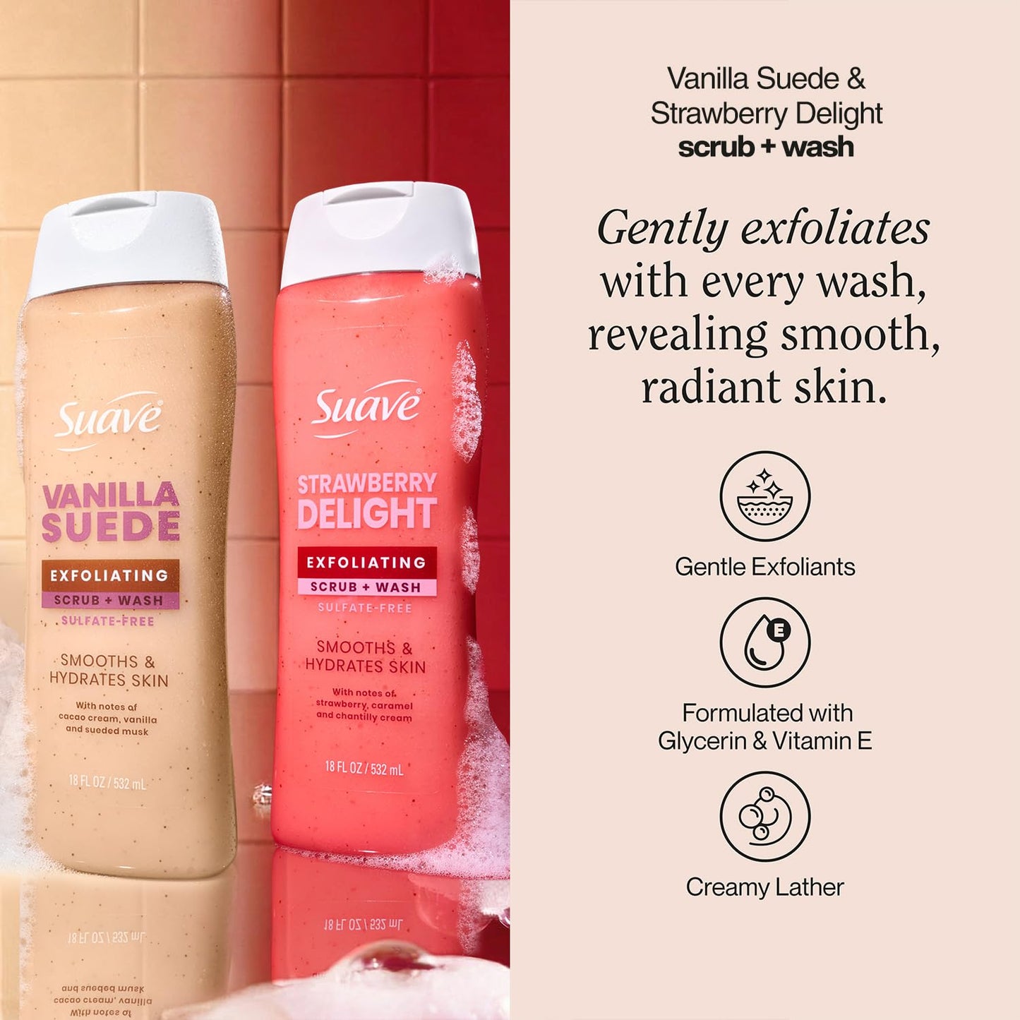 Suave Exfoliating Scrub + Wash Variety 2-Pack – Vanilla Suede & Strawberry Delight, Sulfate-Free Body Wash Set, 18 Oz Ea