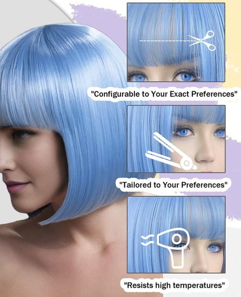 MaxlaceWig Blue Bob Wig with Bangs for Women, 12 Inch Short Light Blue Straight Bob Wigs, Natural Looking Synthetic Heat Resistant Fiber Wig for Girls Daily Party Use, Light Blue Colorful Cosplay Wig